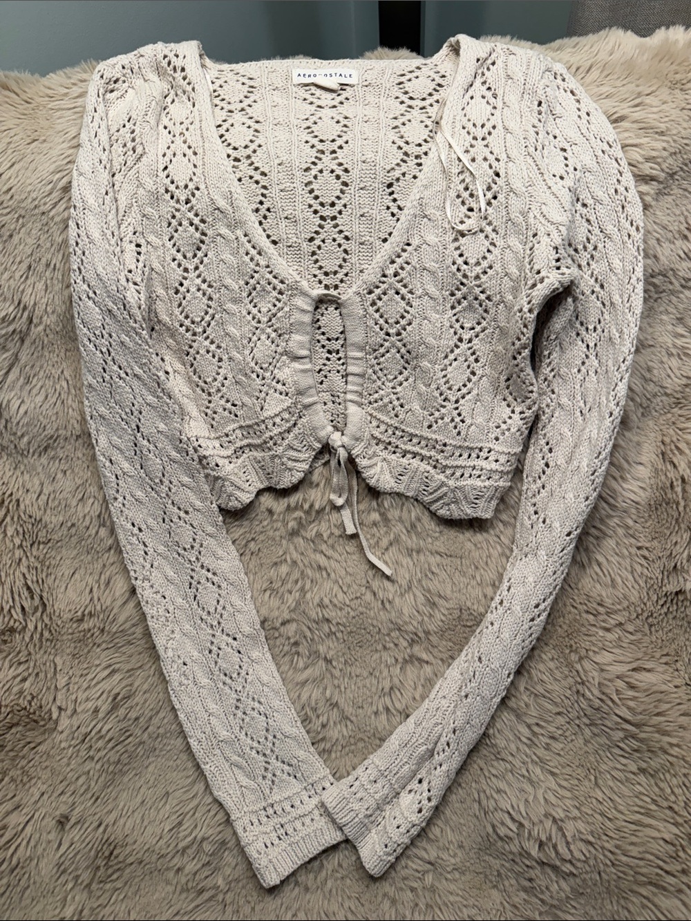 Aeropostale Light Cream Crochet Tie-Front Cardigan